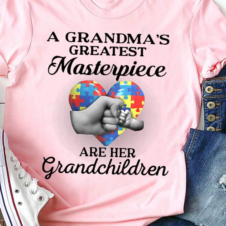 A Grandma's Greatest Masterpiece Are Her Grandchidren Heart Fist Bump Autism Shirt