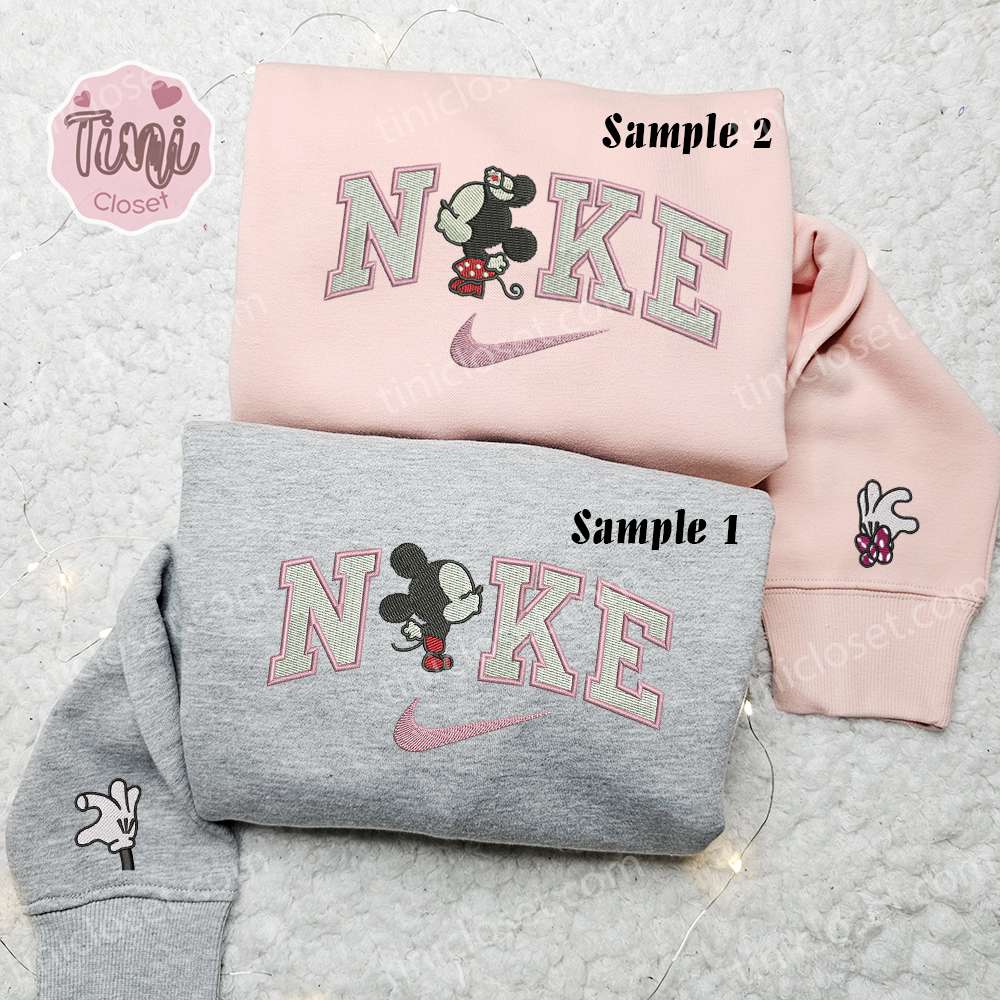 Baby Mickey And Minnie Kiss X Nike Couple Embroidered Shirt, Disney Characters Embroidered Hoodie, Valentine’s Day Embroidered Sweatshirt