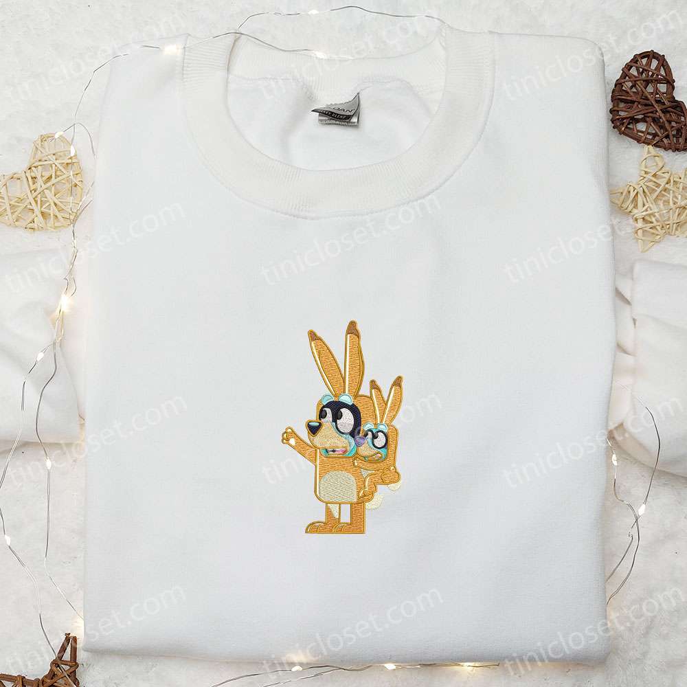 Bandit And Bluey Heeler Easter Bunny Embroidered Shirt, Thanksgiving Day Embroidered Hoodie, Mother’s Day Gift Idea