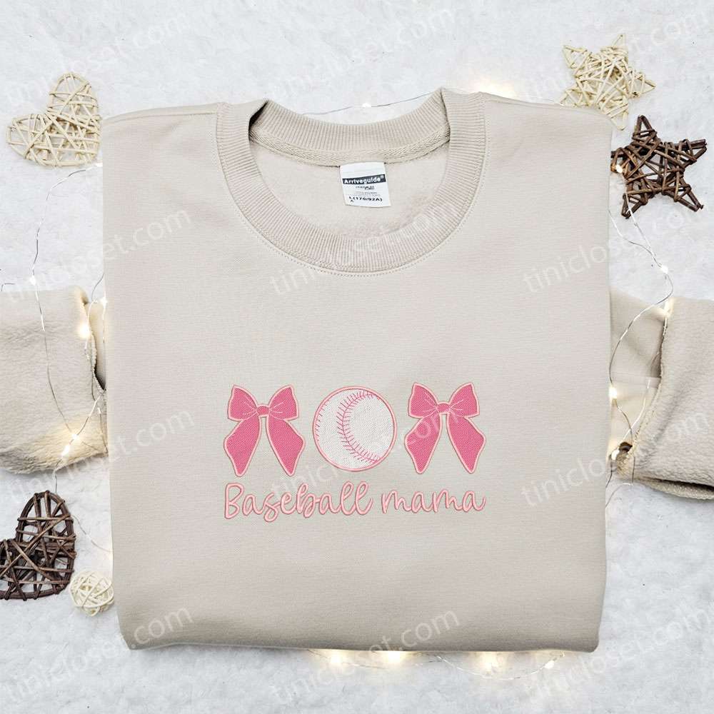 Baseball Mama Pink Bows Embroidered Shirt, Sports Embroidered Hoodie, Best Mother’s Day Gift Idea