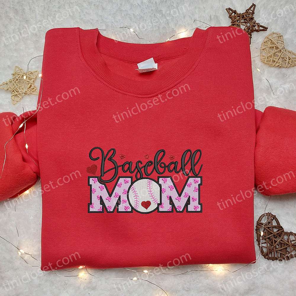Baseball Mom Bows Hearts Embroidered Shirt, Sports Embroidered Hoodie, Best Mother’s Day Gift Idea