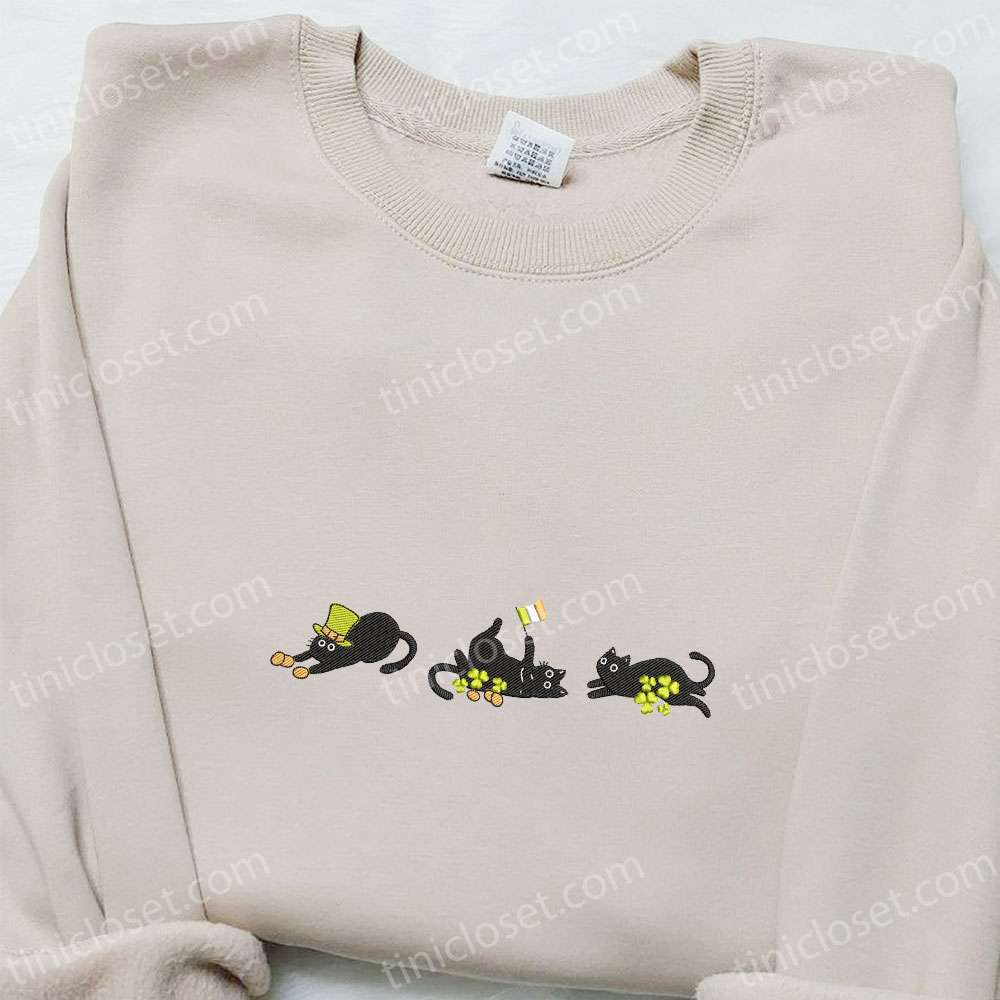 Black Cats With Shamrocks Embroidered Shirt, Saint Patrick’s Day Embroidered Hoodie, Best Holiday Gift Ideas