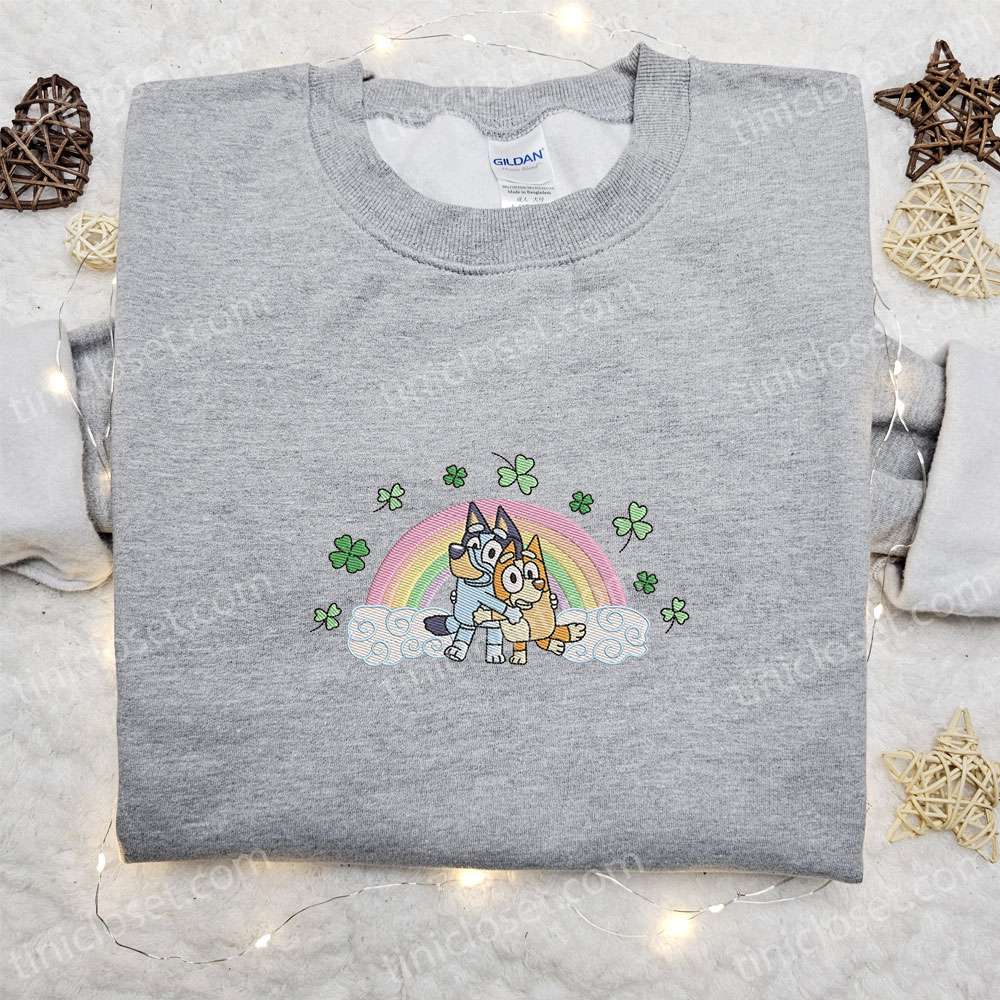 Bluey And Bingo Rainbow Shamrock Embroidered Shirt, Saint Patrick’s Day Embroidered Hoodie, Best Holiday Gift Ideas