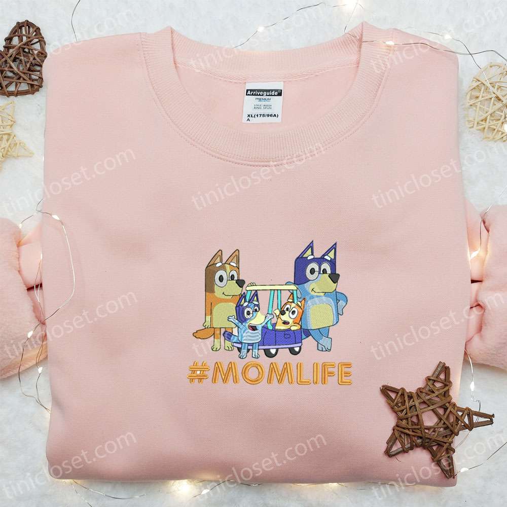 Bluey Family Mom Life Embroidered Shirt, Bluey Cartoon Embroidered Hoodie, Best Mother’s Day Gift Idea
