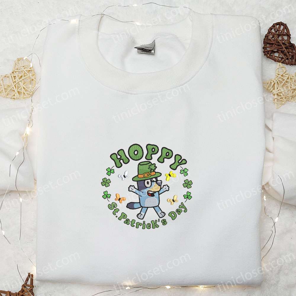 Bluey Hoppy Saint Patrick’s Day Embroidered Shirt, Cartoon Embroidered Hoodie, Best Holiday Gift Ideas