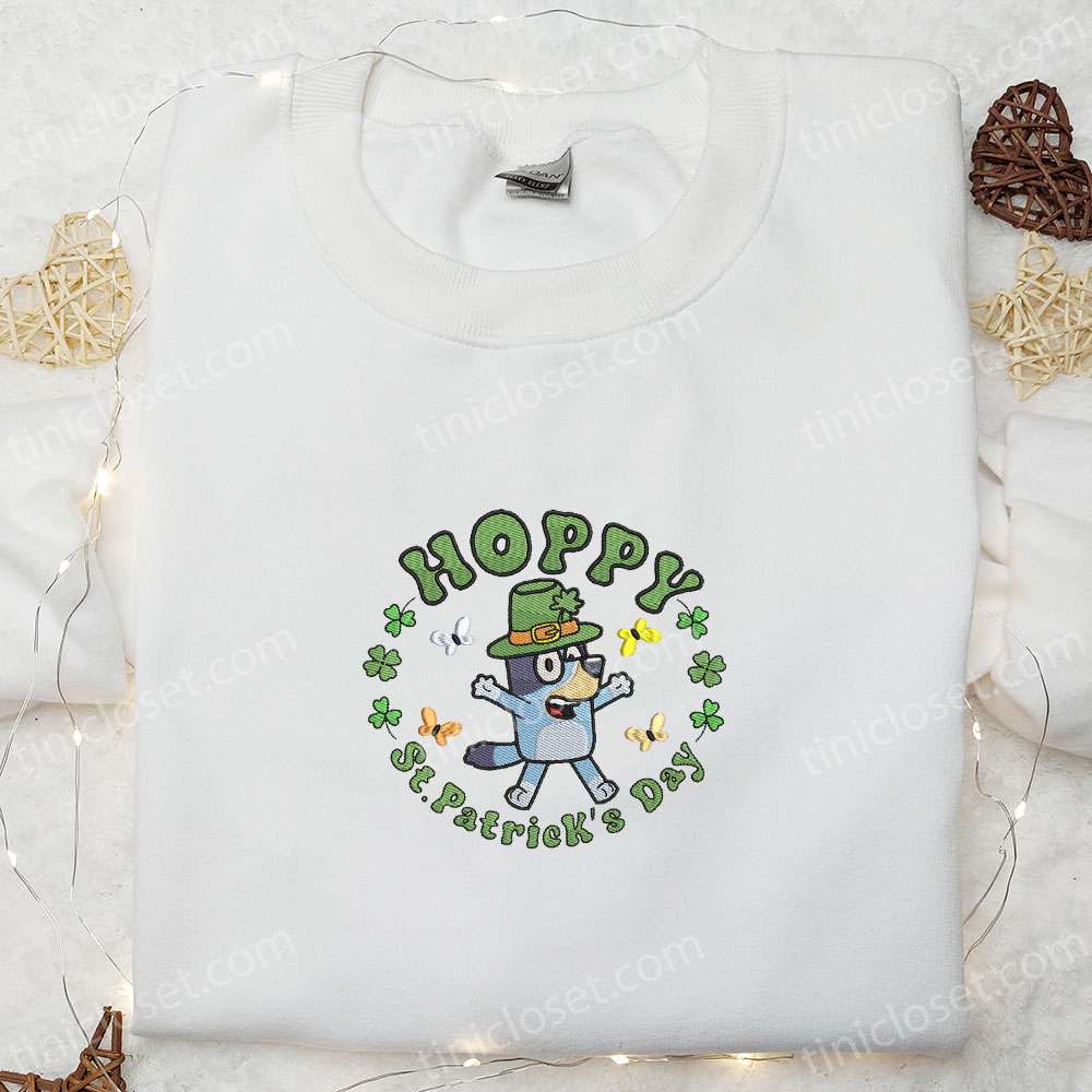 Bluey Hoppy St. Patrick’s Day Embroidered Shirt, Saint Patrick’s Day Embroidered Hoodie, Best Holiday Gift Idea