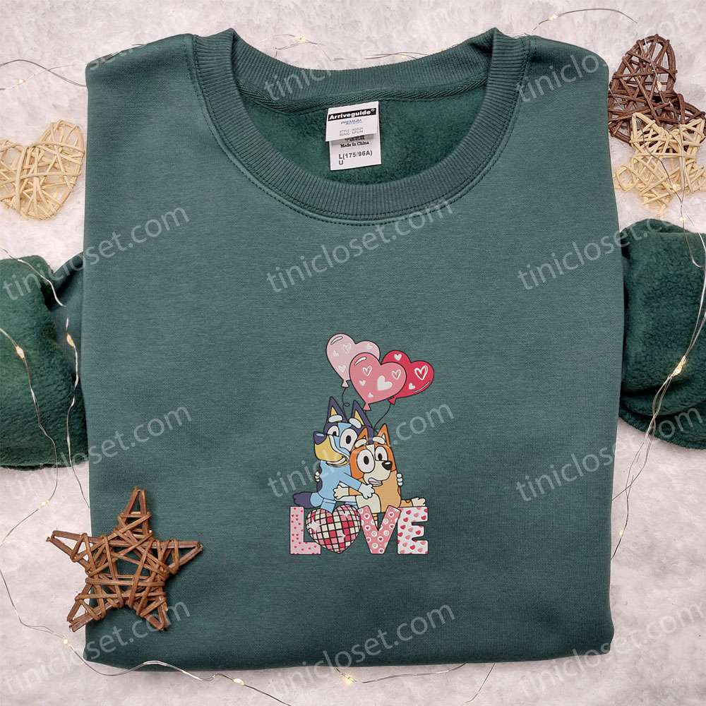 Bluey Love Heart Balloons Embroidered Shirt, Cartoon Embroidered Hoodie, Best Valentine’s Day Gifts