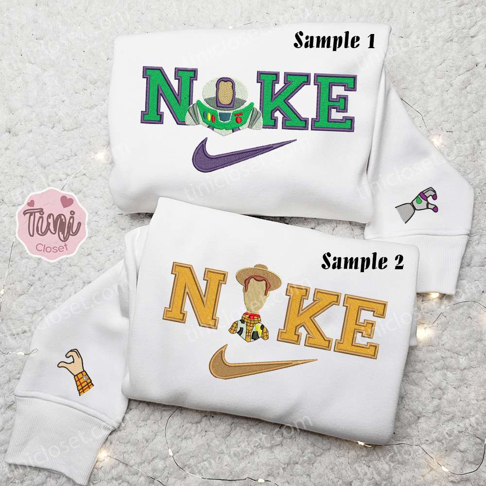 Buzz Lightyear And Woody X Nike Couple Embroidered Shirt, Disney Toys Story Embroidered Hoodie, Valentine’s Day Embroidered Sweatshirt