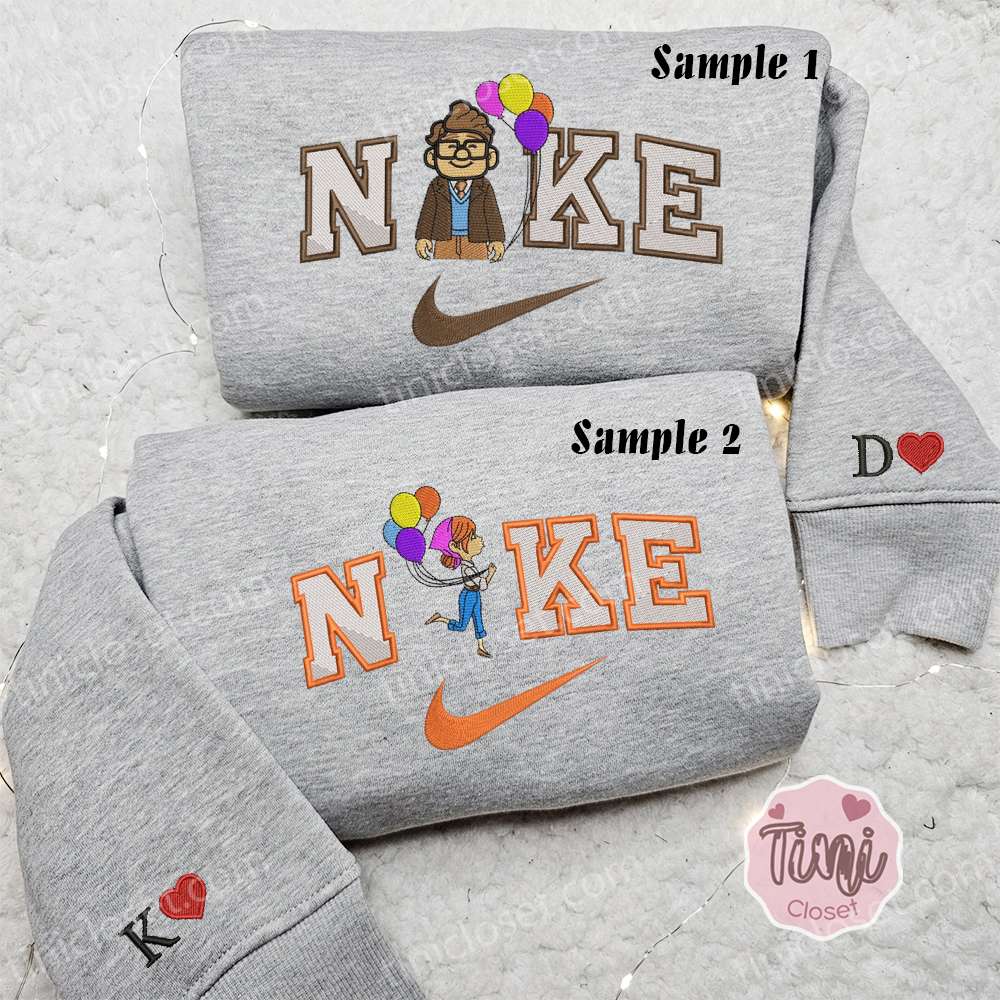 Carl And Ellie X Nike Couple Embroidered Shirt, Disney Pixar Up Embroidered Hoodie, Valentine’s Day Embroidered Sweatshirt