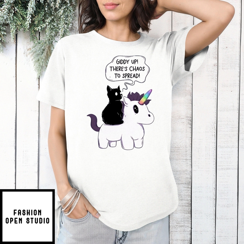 Cat Riding Unicorn Giddy Up There’s Chaos To Spread T-shirt
