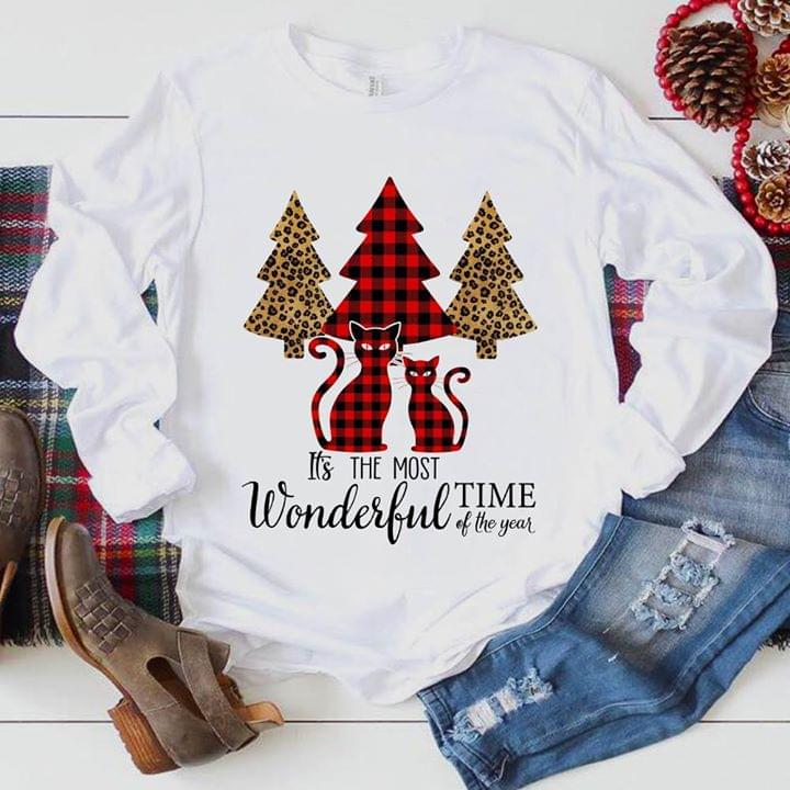 Cats And Christmas Pine Tree It's The Most Time Wonderful Of The Year Shirt