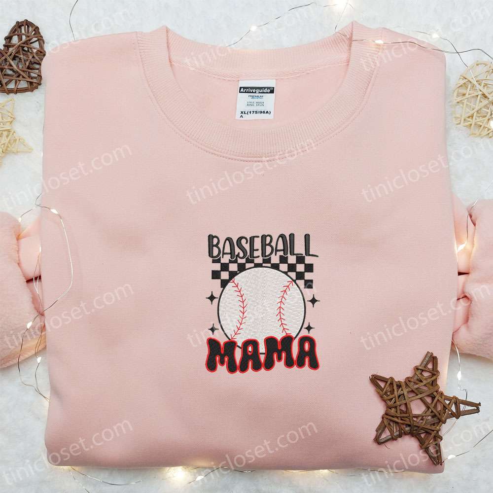 Checkered Baseball Mama Embroidered Shirt, Mother’s Day Embroidered Hoodie, Best Gift For Mom