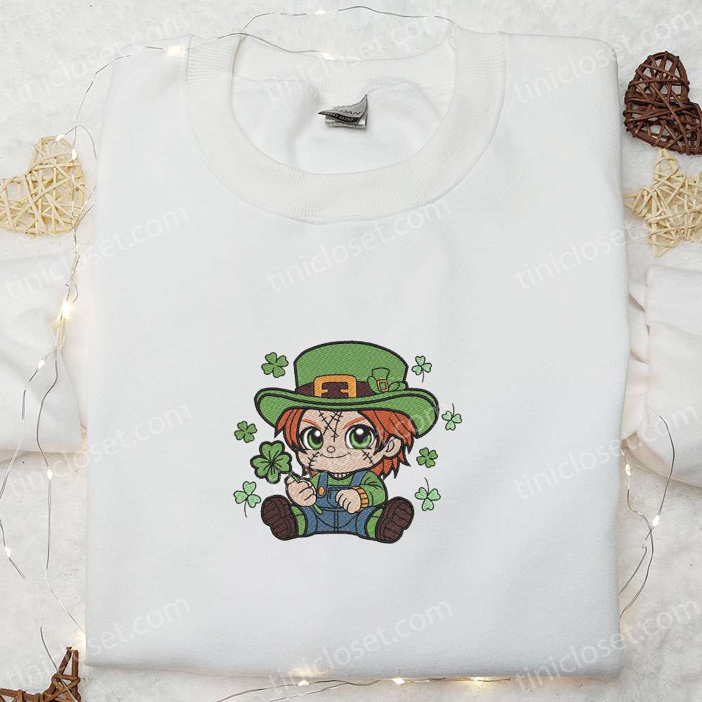 Chibi Chucky Shamrock Embroidered Shirt, Saint Patrick’s Day Embroidered Hoodie, Best Holiday Gift Ideas
