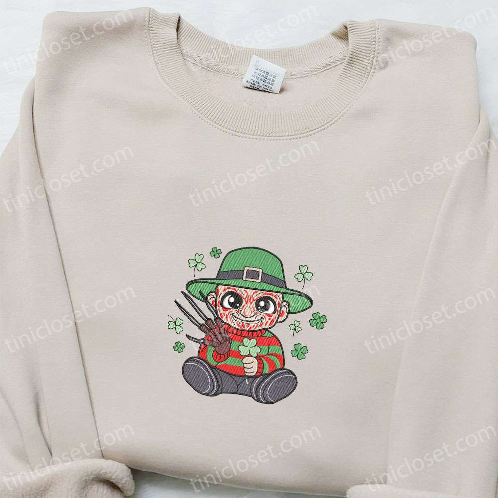 Chibi Freddie Krueger Shamrock Embroidered Shirt, Saint Patrick’s Day Embroidered Hoodie, Best Holiday Gift Ideas