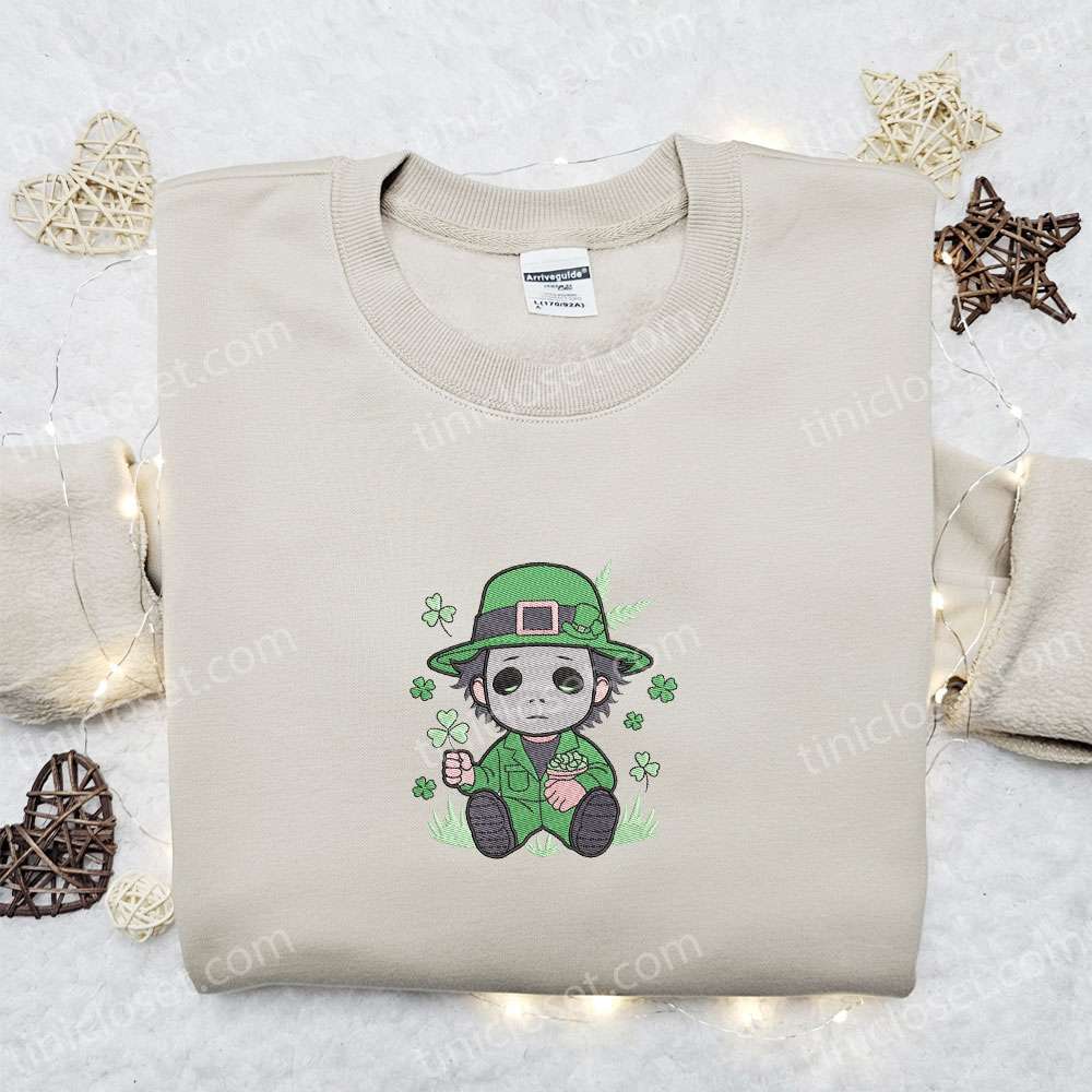 Chibi Michael Myers Shamrock Embroidered Shirt, Saint Patrick’s Day Embroidered Hoodie, Best Holiday Gift Ideas
