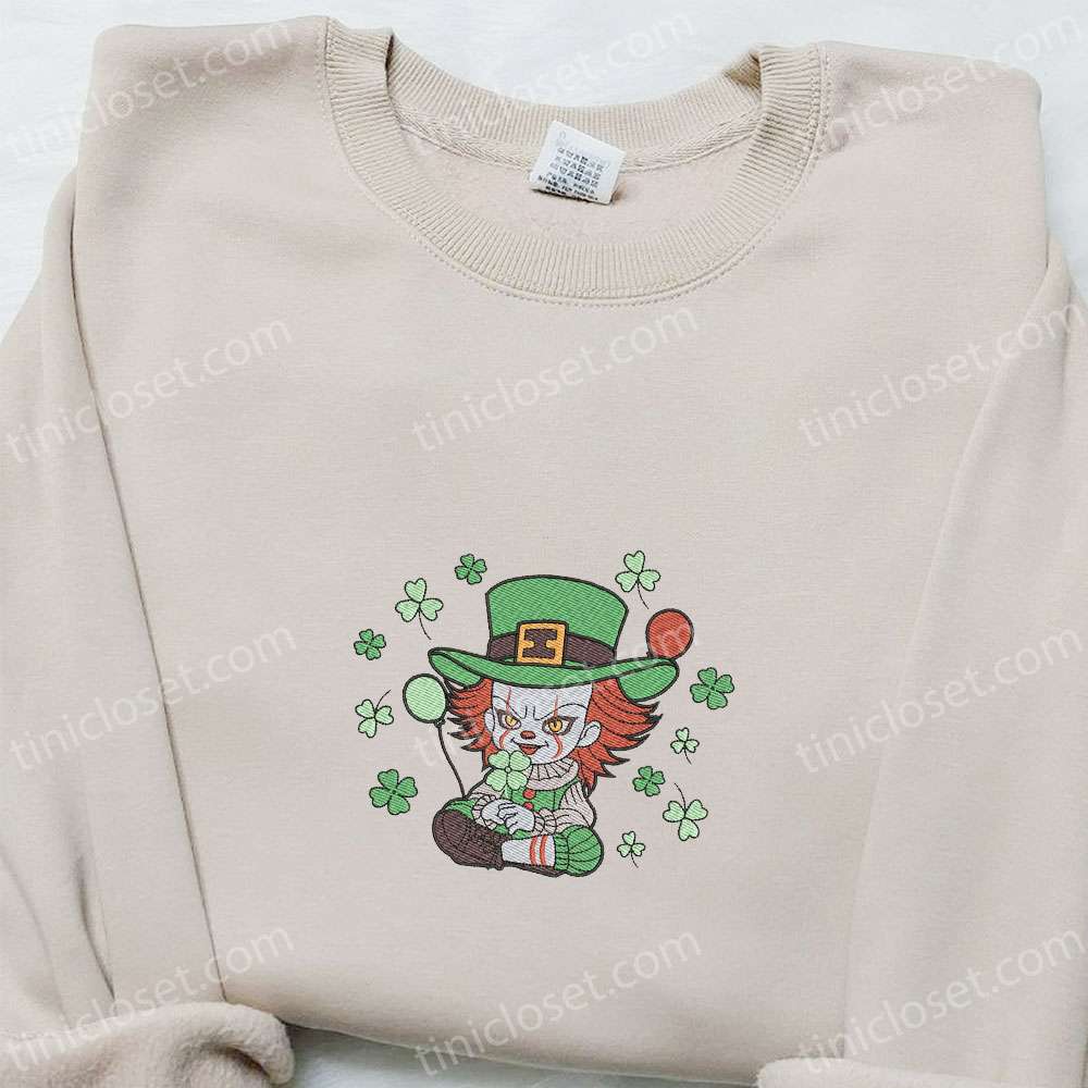 Chibi Pennywise Shamrock Embroidered Shirt, Saint Patrick’s Day Embroidered Hoodie, Best Holiday Gift Ideas