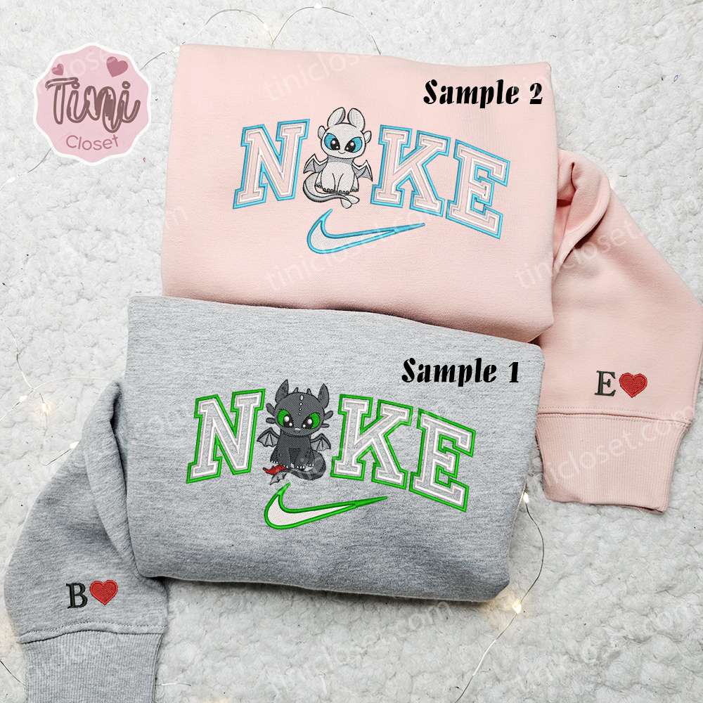 Chibi Toothless And Light Fury X Nike Couple Embroidered Shirt, How To Train Your Dragon Cartoon Embroidered Hoodie, Valentine’s Day Embroidered Sweatshirt