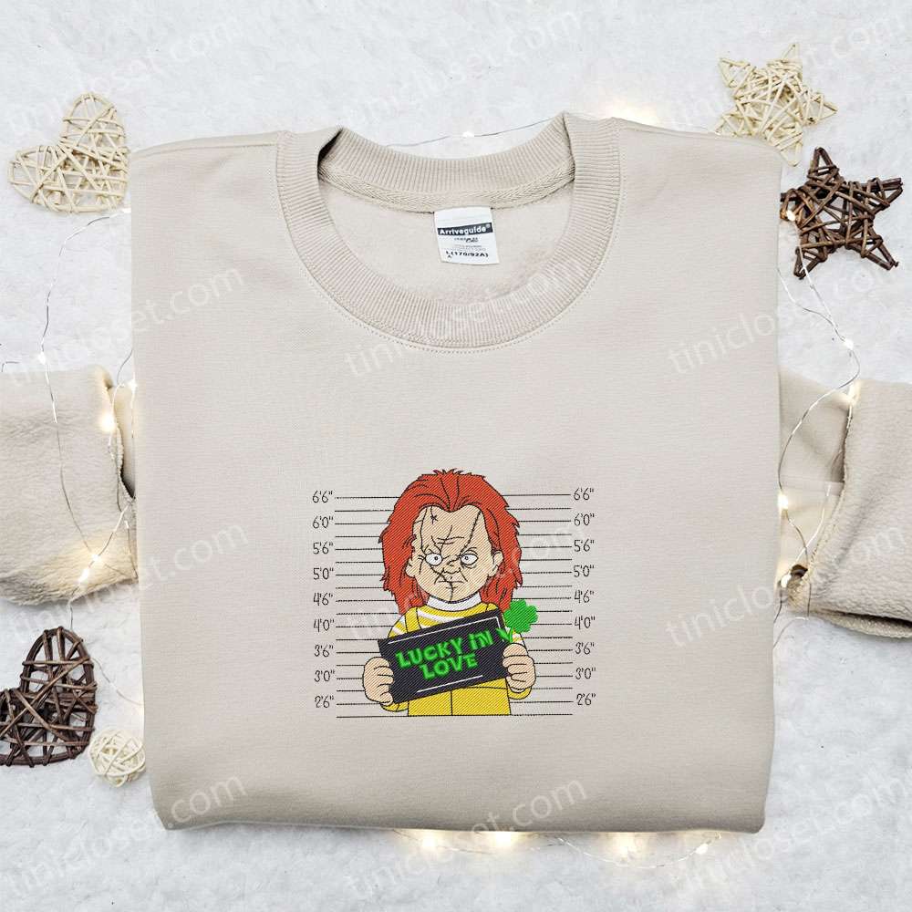 Chucky Lucky In Love Embroidered Shirt, Saint Patrick’s Day Embroidered Hoodie, Horror Movie Embroidered T-shirt