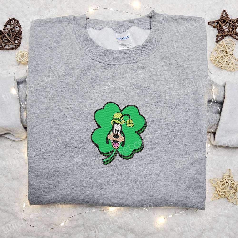 Clover Goofy Face Embroidered Shirt, Disney Characters Embroidered Hoodie, Saint Patrick’s Day Gift Ideas