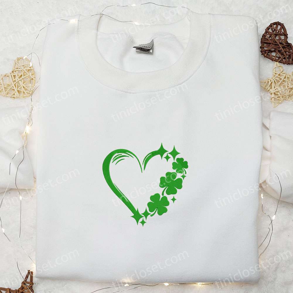 Clover Heart Embroidered Shirt, Saint Patrick’s Day Embroidered Hoodie, Best Holiday Gift Ideas