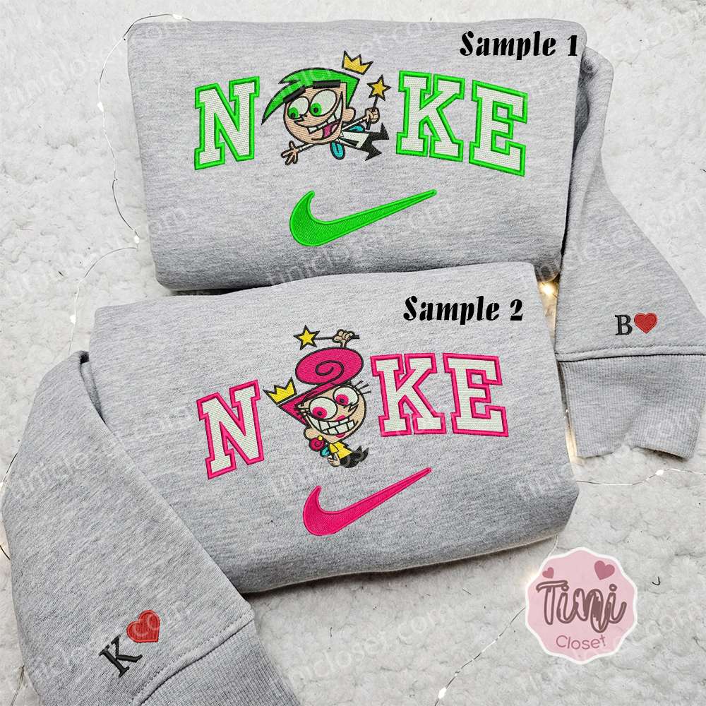Cosmo And Wanda X Nike Couple Embroidered Shirt, Cartoon Embroidered Hoodie, Valentine’s Day Embroidered Sweatshirt