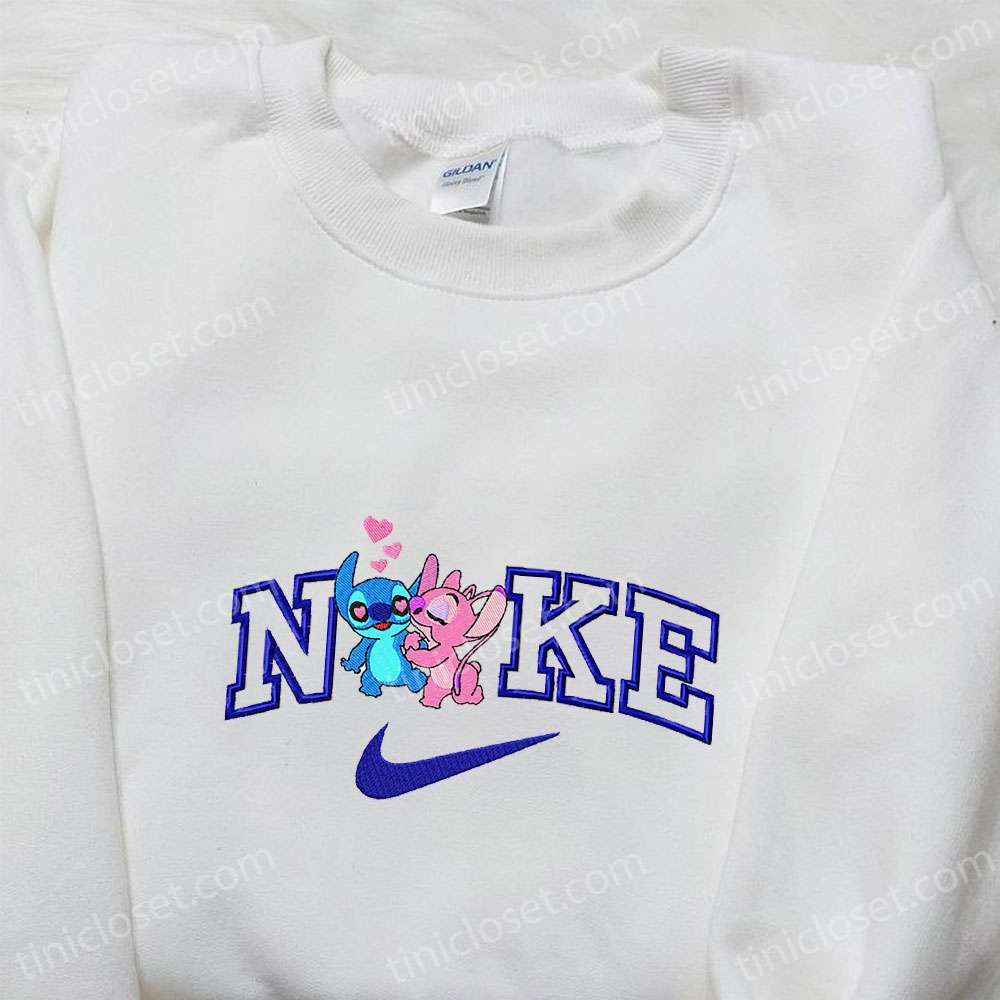 Couple Love Stitch Angel X Nike Cartoon Embroidered Tshirt, Nike Inspired Embroidered Shirt, Best Valentine’s Day Gift Ideas