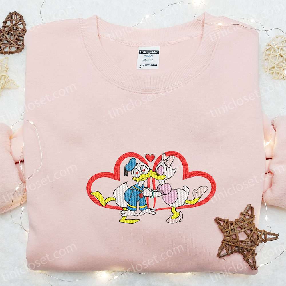 Cute Valentine Duck Couple Embroidered Shirt, Disney Characters Embroidered Shirt, Best Valentine’s Day Gift Ideas