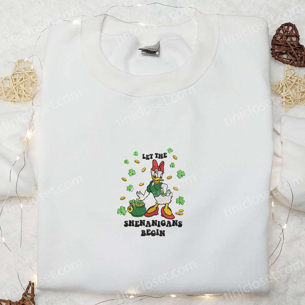 Daisy Duck Let The Shenanigans Begin Embroidered Shirt, Disney Characters Embroidered Shirt, Saint Patrick’s Day Embroidered Hoodie