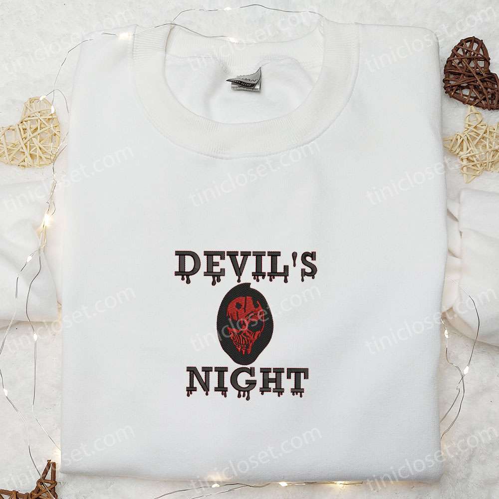 Devil’s Night Skull Embroidered Sweatshirt, Scary Halloween Embroidered Hoodie, Best Halloween Gifts Ideas