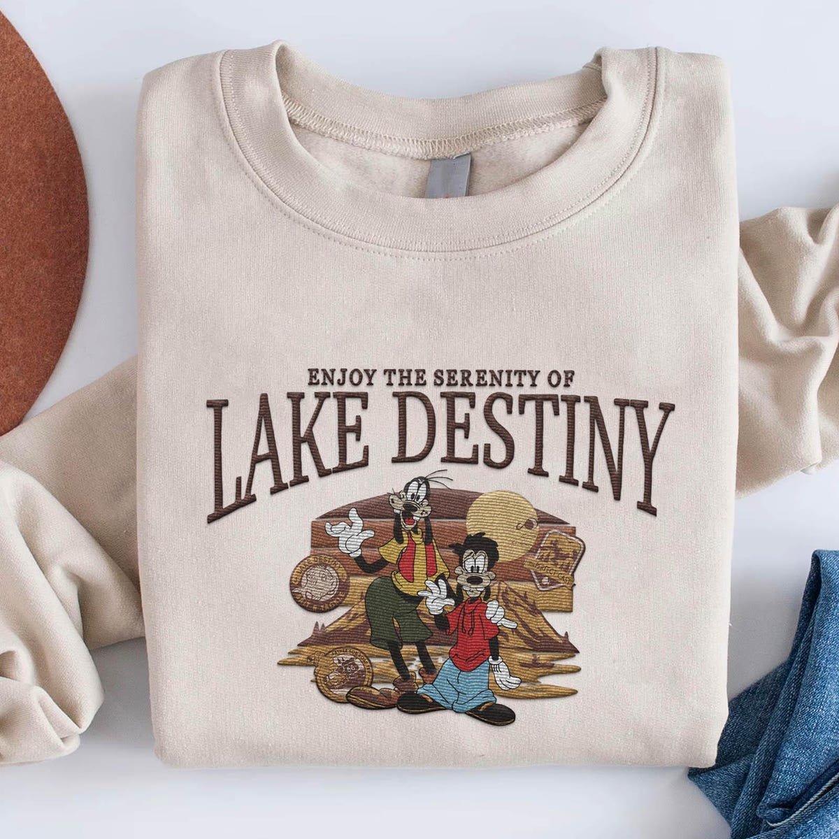Disney Lake Destiny Sweatshirt Embroidered Max & Goofy Road Trip Sweater