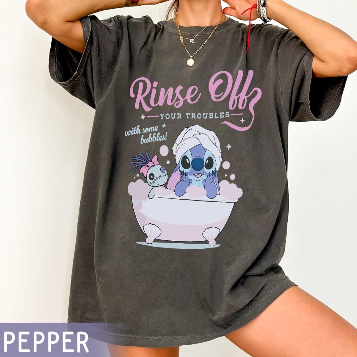 Disney Stitch Bath Shirt Rinse Off Troubles Tee Self Care Lilo & Stitch