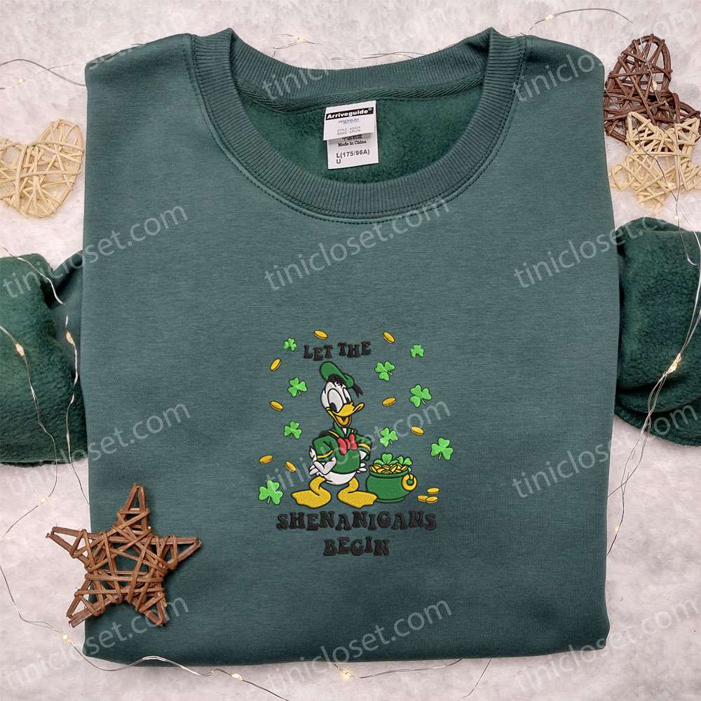 Donald Duck Let The Shenanigans Begin Embroidered Shirt, Disney Characters Embroidered Shirt, Saint Patrick’s Day Embroidered Hoodie