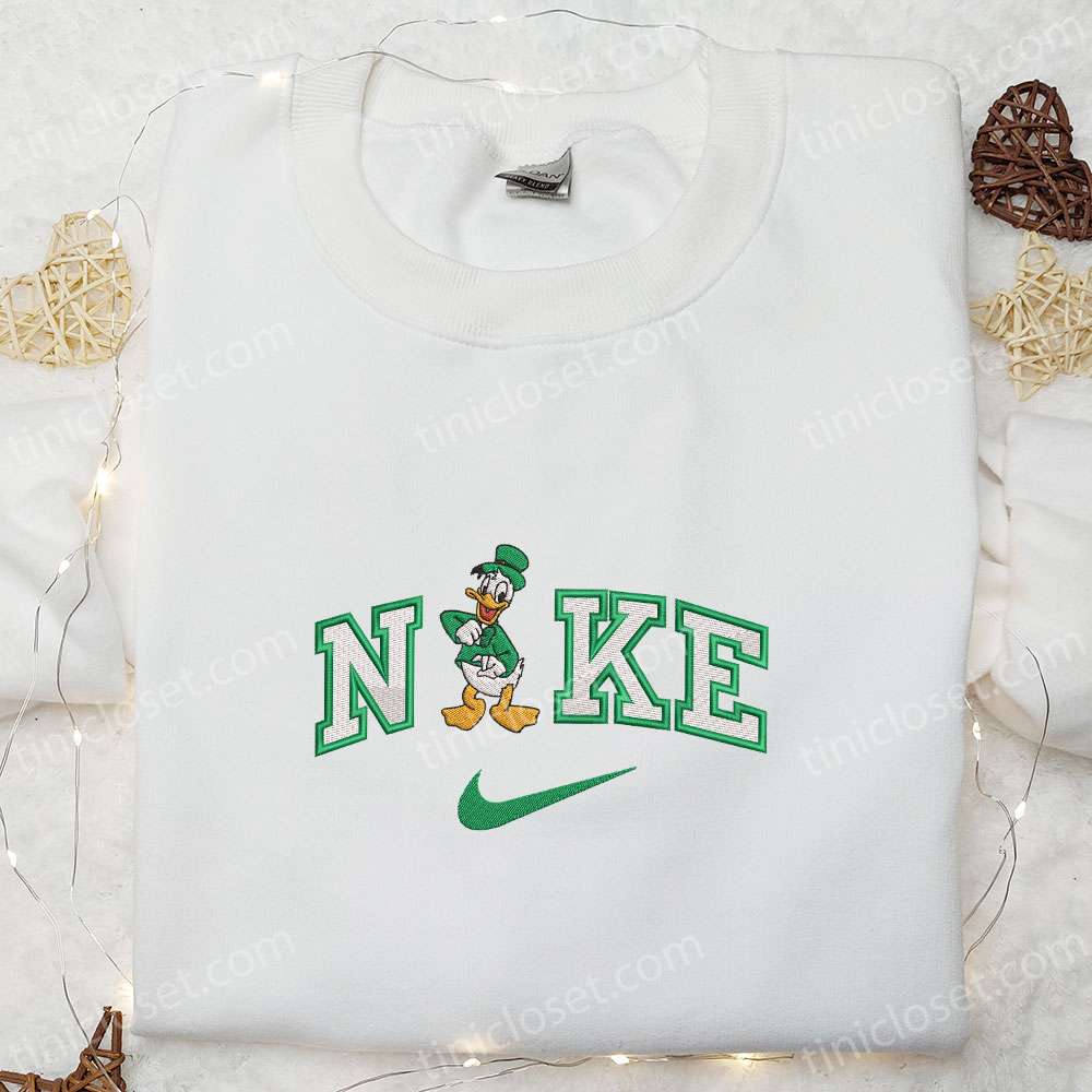 Donald Duck Saint Patrick X Nike Embroidered Shirt, Disney Characters Embroidered Shirt, Saint Patrick’s Day Embroidered Hoodie