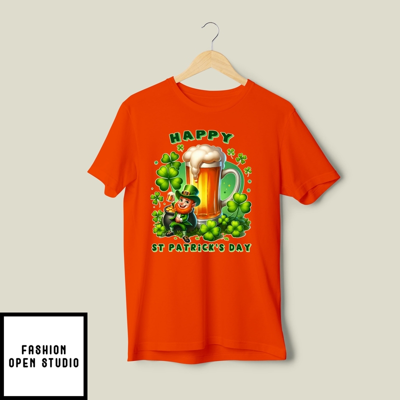 Festive Orange St. Patrick’s Day Leprechaun & Shamrock T-shirt