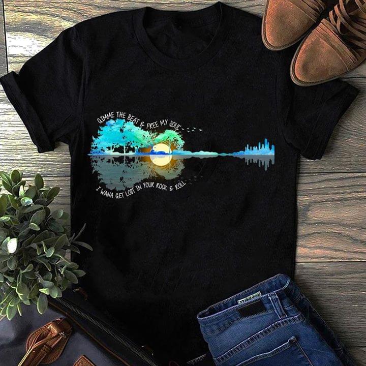 Forest And Lake Shaped Guitar Gimme The Beat & Free My Soul Shirt