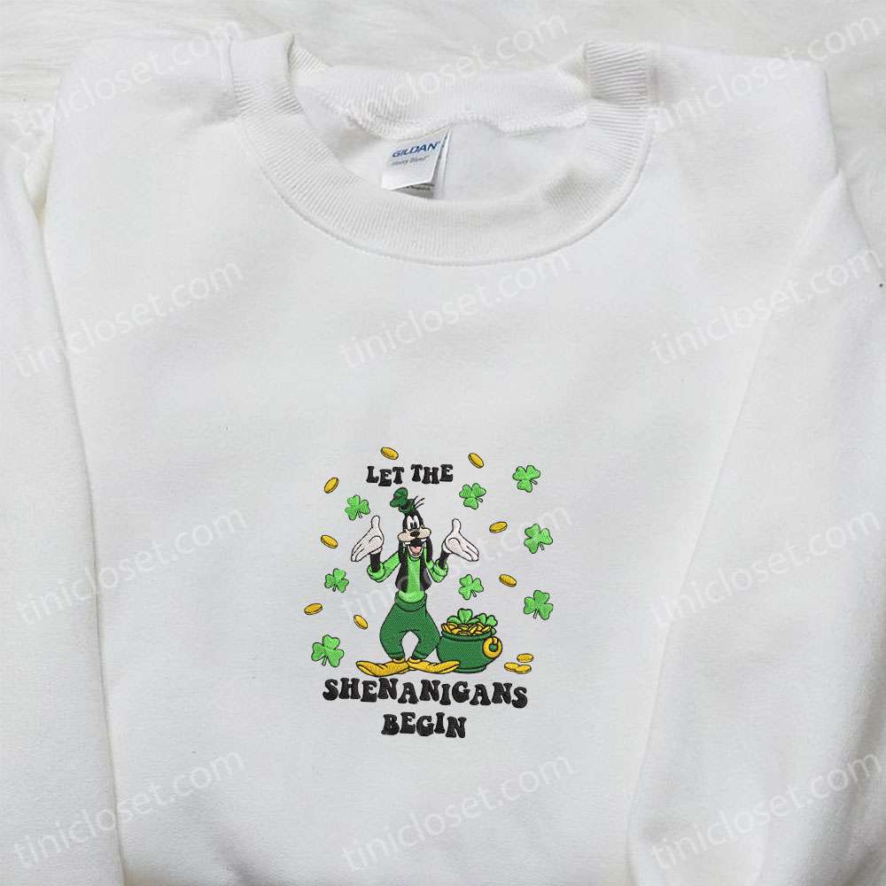 Goofy Let The Shenanigans Begin Embroidered Shirt, Disney Characters Embroidered Shirt, Saint Patrick’s Day Embroidered Hoodie