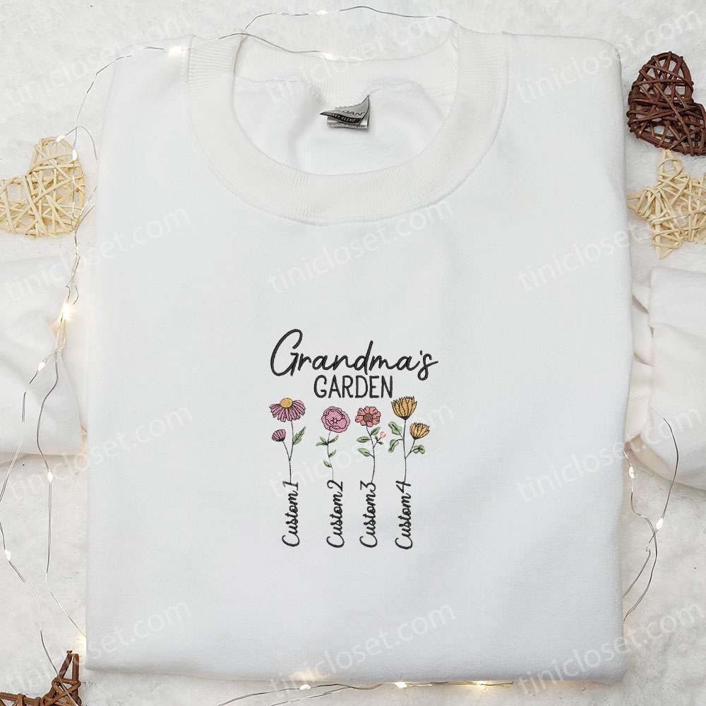 Grandma’s Garden Custom Name Embroidered Shirt, Mother’s Day Embroidered Hoodie, Cute Gift For Grandmother
