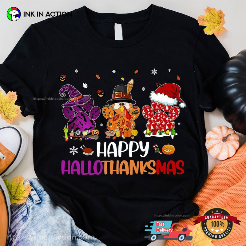 Happy Hallothanksmas Dog’s Paw T-shirt