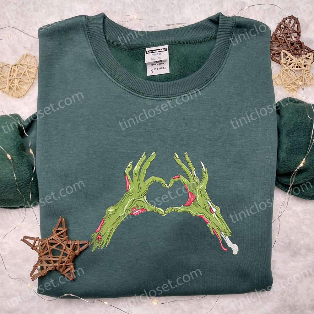 Heart Sign Zombie Hand Embroidered Sweatshirt, Valentine’s Day Embroidered Hoodie, Best Halloween Gift Ideas