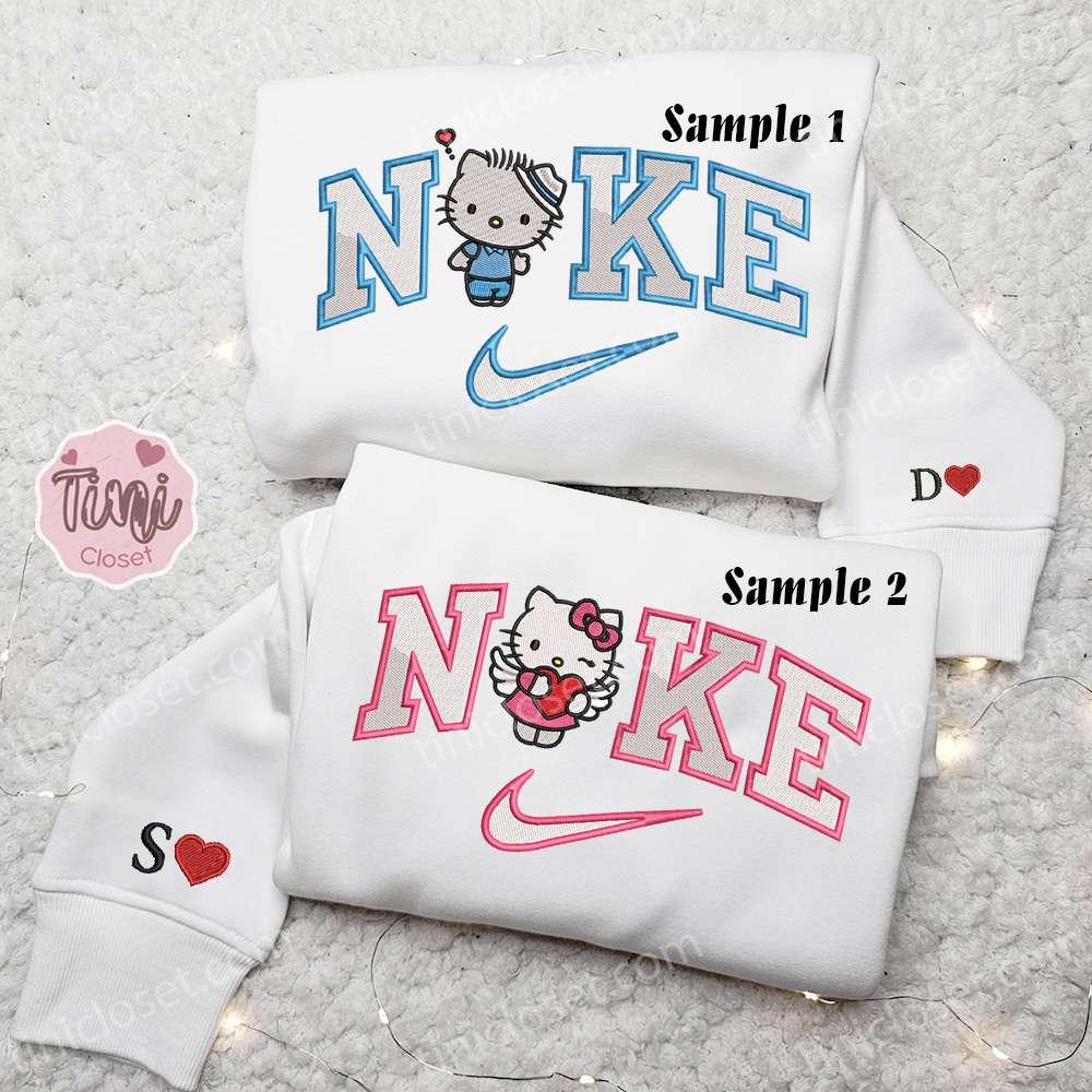 Hello Kitty And Dear Daniel X Nike Couple Embroidered Shirt, Cartoon Embroidered Hoodie, Valentine’s Day Embroidered Sweatshirt