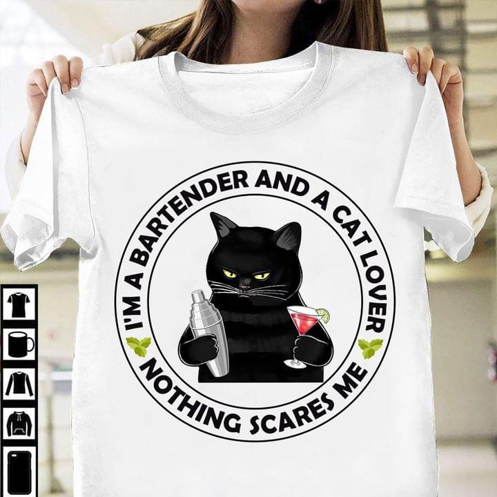 I'm A Bartender And A Cat Lover Nothing Scares Me Bartender Black Cat Flag Of America Cocktail Shirt