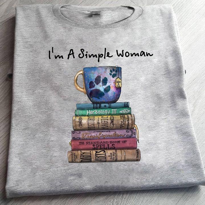 I'm A Simple Woman Galaxy Cup Of Tea On Books Dog Footprint Shirt