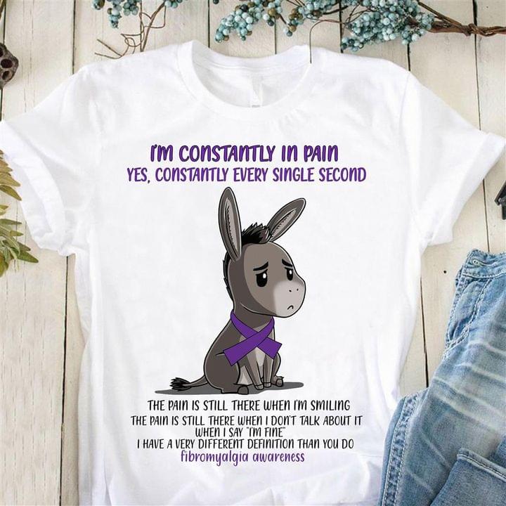 I'm Constantly In Pain Yes Constantly Every Single Second Fibromyalgia Awareness Cartoon Donkey Purple Ribbon Shirt