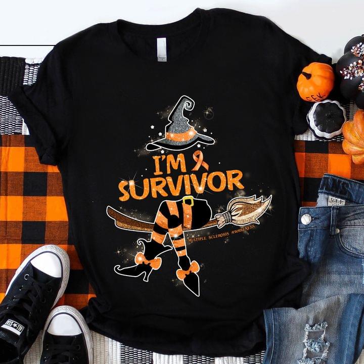 I'm Survivor Multiple Sclerosis Awareness Orange Witch Ribbon Glitters Halloween Shirt