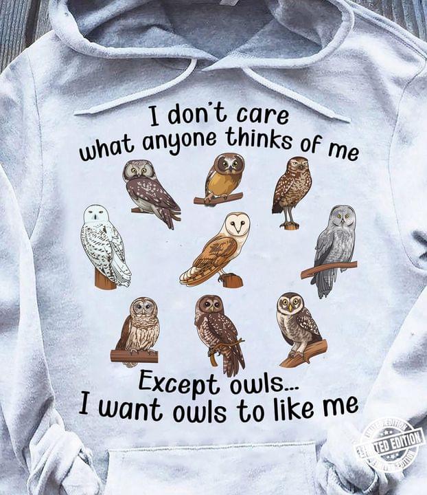 I Don't Care What Anyone Thinks Of Me Except Owls I Want Owls To Like Me Different Kinds Of Owls Shirt