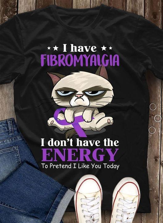 I Have Fibromyalgia I Don't Have The Energy To Pretend I Like You Today Cartoon Cat Holding Purple Ribbon Shirt