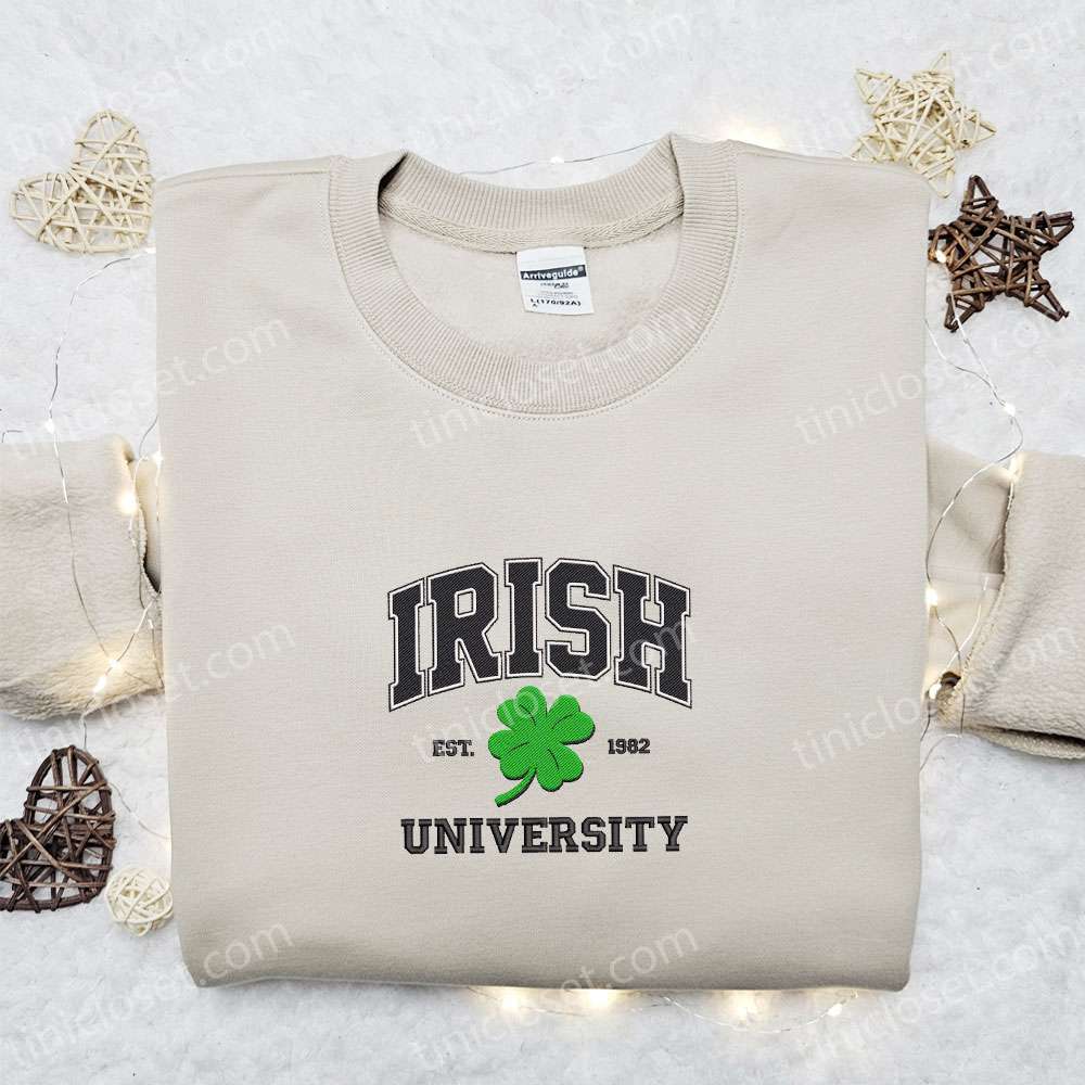 Irish Est 1982 University Embroidered Shirt, Saint Patrick’s Day Embroidered Hoodie, Best Holiday Gift Ideas