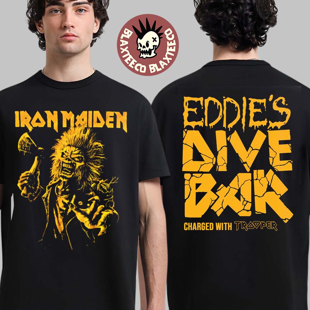 Iron Maiden Eddie’s Dive Bar Charged With Trooper 2025 Run For Your Lives World Tour Merch Two Sided Unisex T-shirt