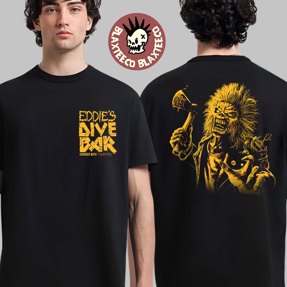 Iron Maiden Eddie’s Dive Bar Charged With Trooper On The Road For 2025 Merch Two Sided Essentials T-shirt