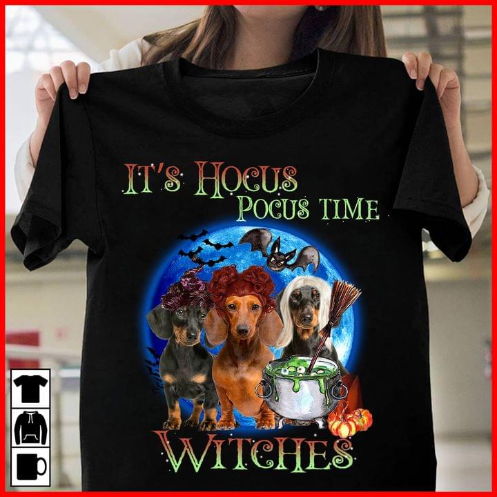 It's Hocus Pocus Time Witches Dachshund Dogs Soup Moon Pumpkin Halloween Shirt